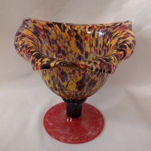 Beautiful Art Glass Pedestal Vase or Bowl Vibrant Multi-colour Mottled Pattern